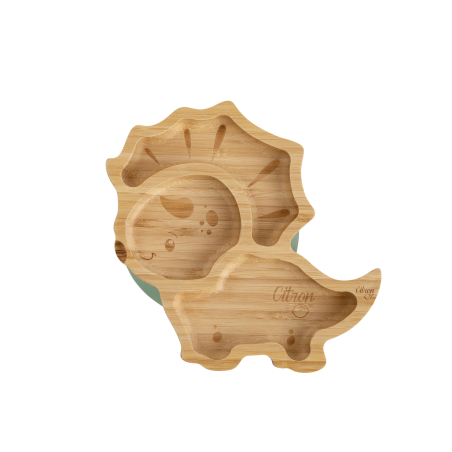 Citron Bamboo Plate with suction cup and spoon - Dino