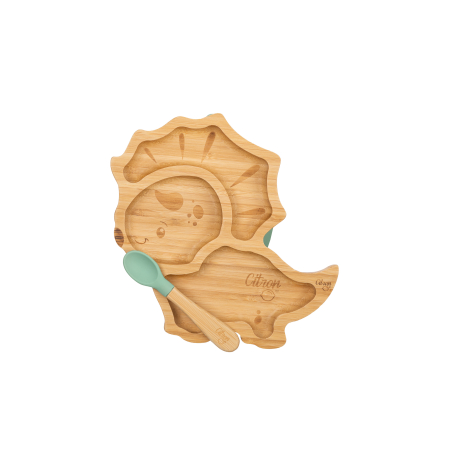 Citron Bamboo Plate with suction cup and spoon - Dino