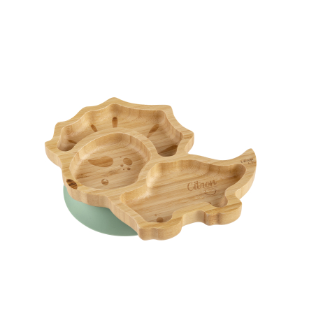 Citron Bamboo Plate with suction cup and spoon - Dino
