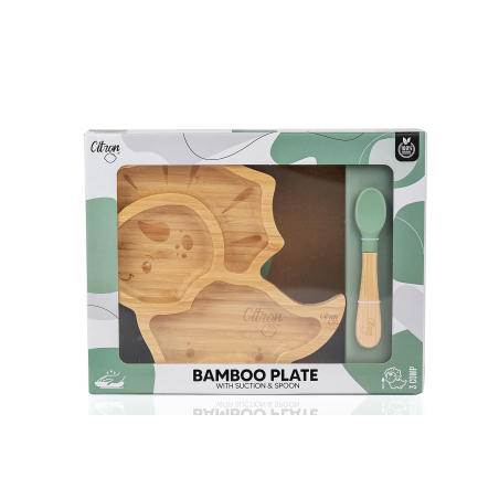 Citron Bamboo Plate with suction cup and spoon - Dino